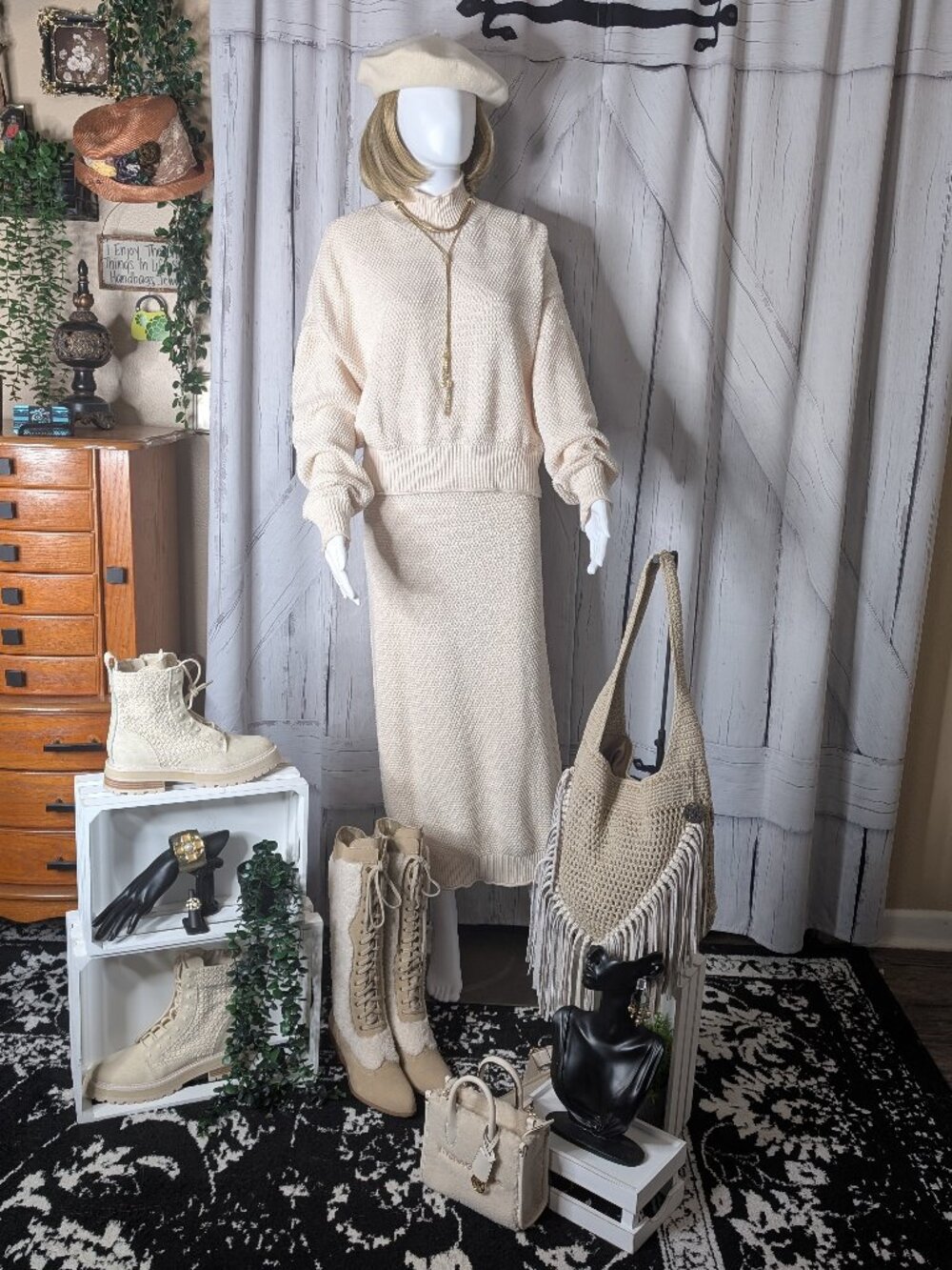 Free People Hailee Turtleneck Sweater and Skirt Set Powder Sand MEDIUM NWOT